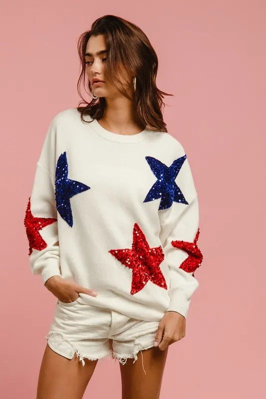 BiBi Velvet Sweater Top – Sequin Star Patches for Glam Sparkle