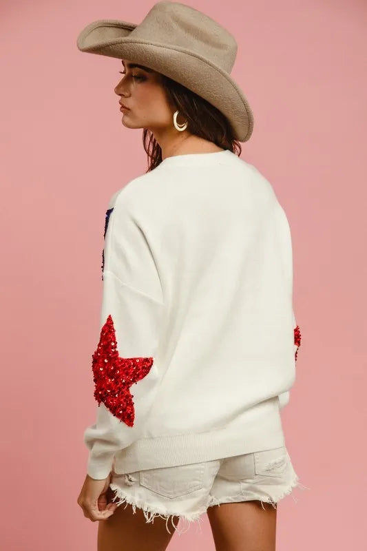 BiBi Velvet Sweater Top – Sequin Star Patches for Glam Sparkle