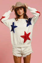 BiBi Velvet Sweater Top – Sequin Star Patches for Glam Sparkle