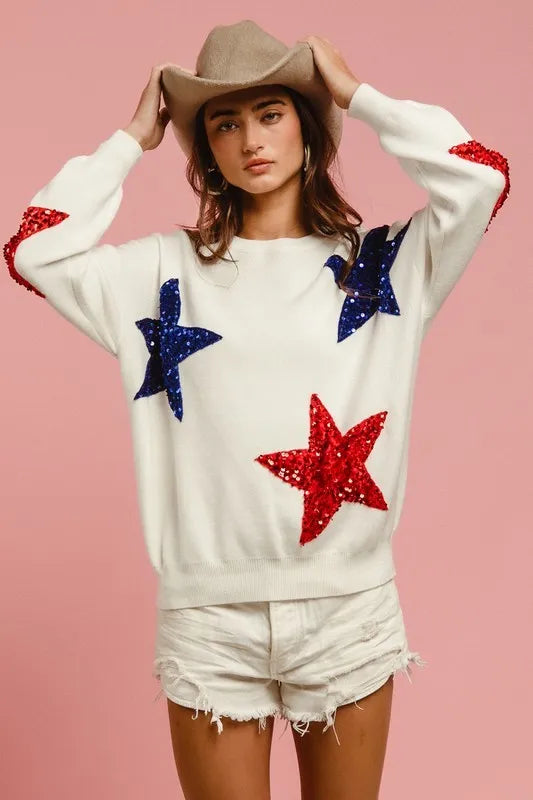 BiBi Velvet Sweater Top – Sequin Star Patches for Glam Sparkle