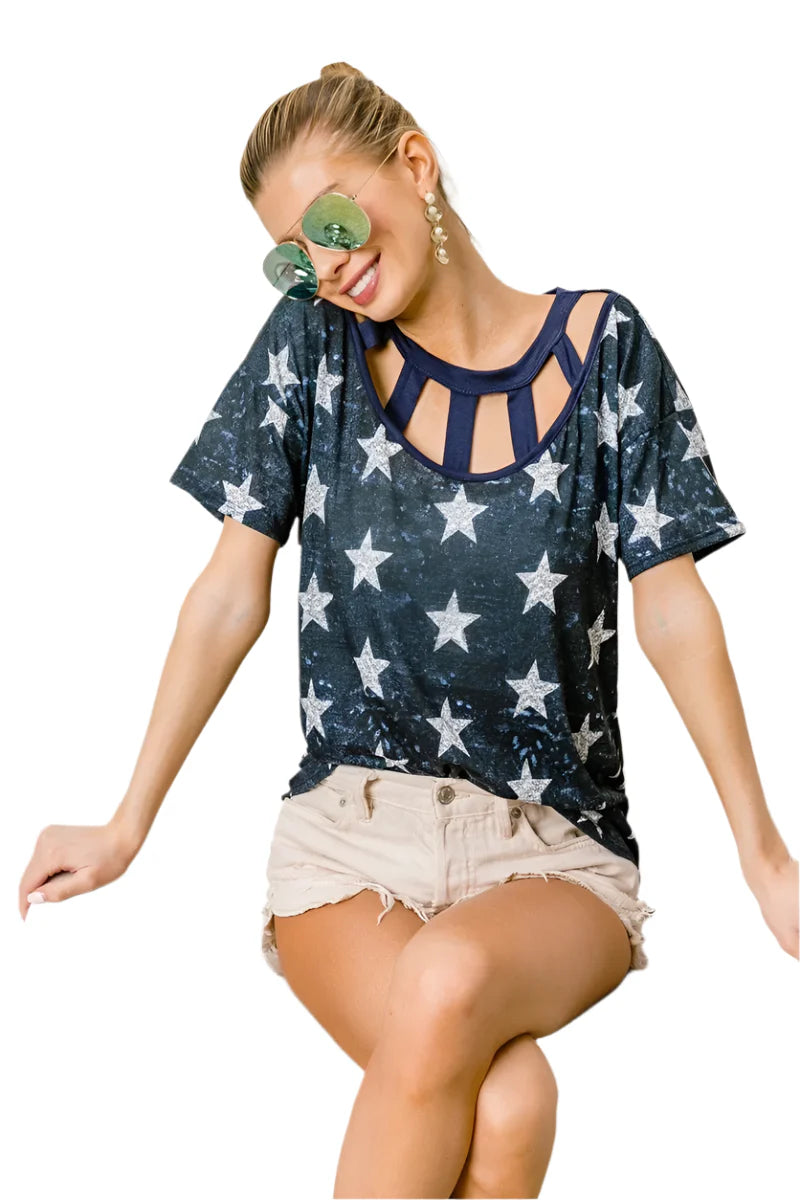 BiBi Vintage Star Print Top With Contrast Caged Neck