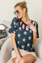 BiBi Vintage Star Print Top With Contrast Caged Neck