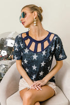 BiBi Vintage Star Print Top With Contrast Caged Neck