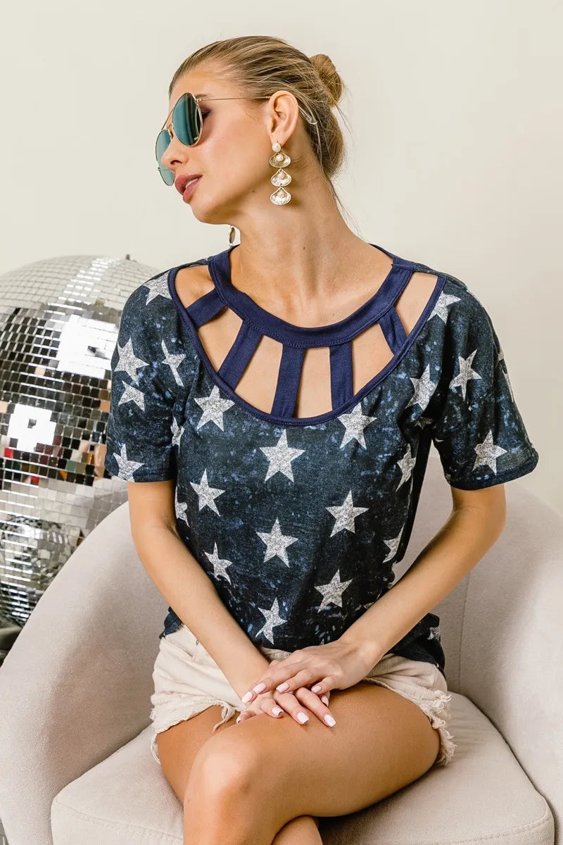 BiBi Vintage Star Print Top With Contrast Caged Neck