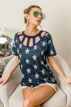 BiBi Vintage Star Print Top With Contrast Caged Neck