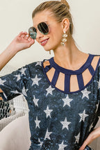 BiBi Vintage Star Print Top With Contrast Caged Neck