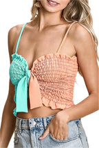 BiBi Woven Color Block Smocked with Ribbon Bra Top