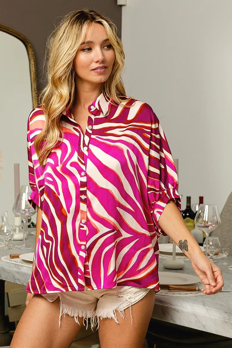 BiBi Zebra Dolman Silky Satin Shirt Top