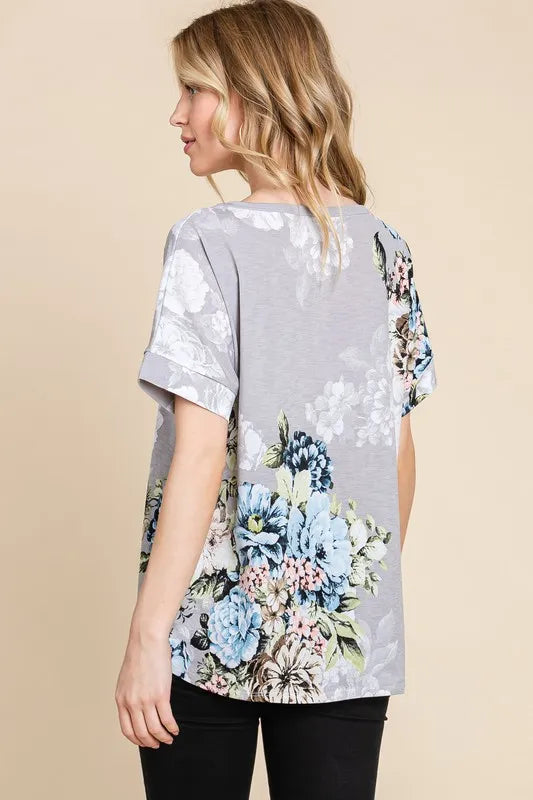 BOMBOM Floral Round Neck Short Sleeve T-Shirt