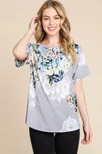 BOMBOM Floral Round Neck Short Sleeve T-Shirt