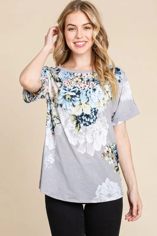 BOMBOM Floral Round Neck Short Sleeve T-Shirt