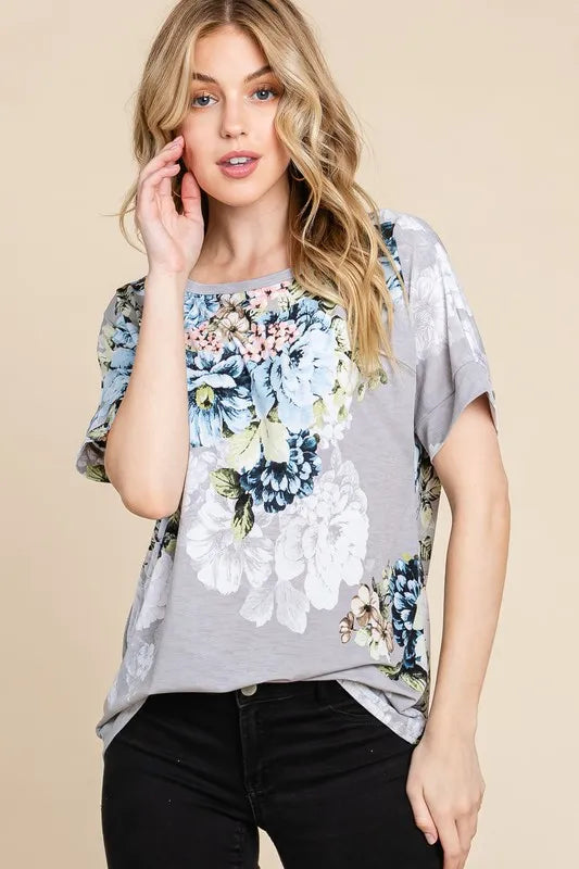 BOMBOM Floral Round Neck Short Sleeve T-Shirt
