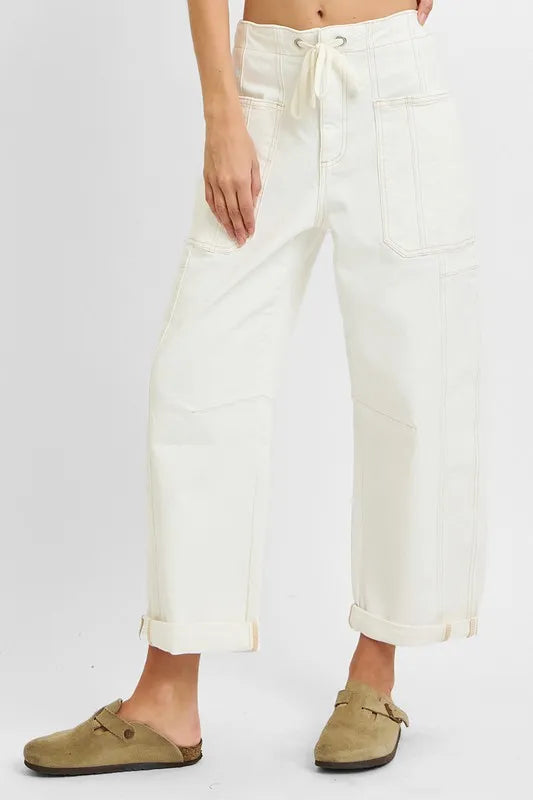 Dreamkue-Risen Women's High Rise Cropped Wide Barrel Jeans with Cargo Pockets