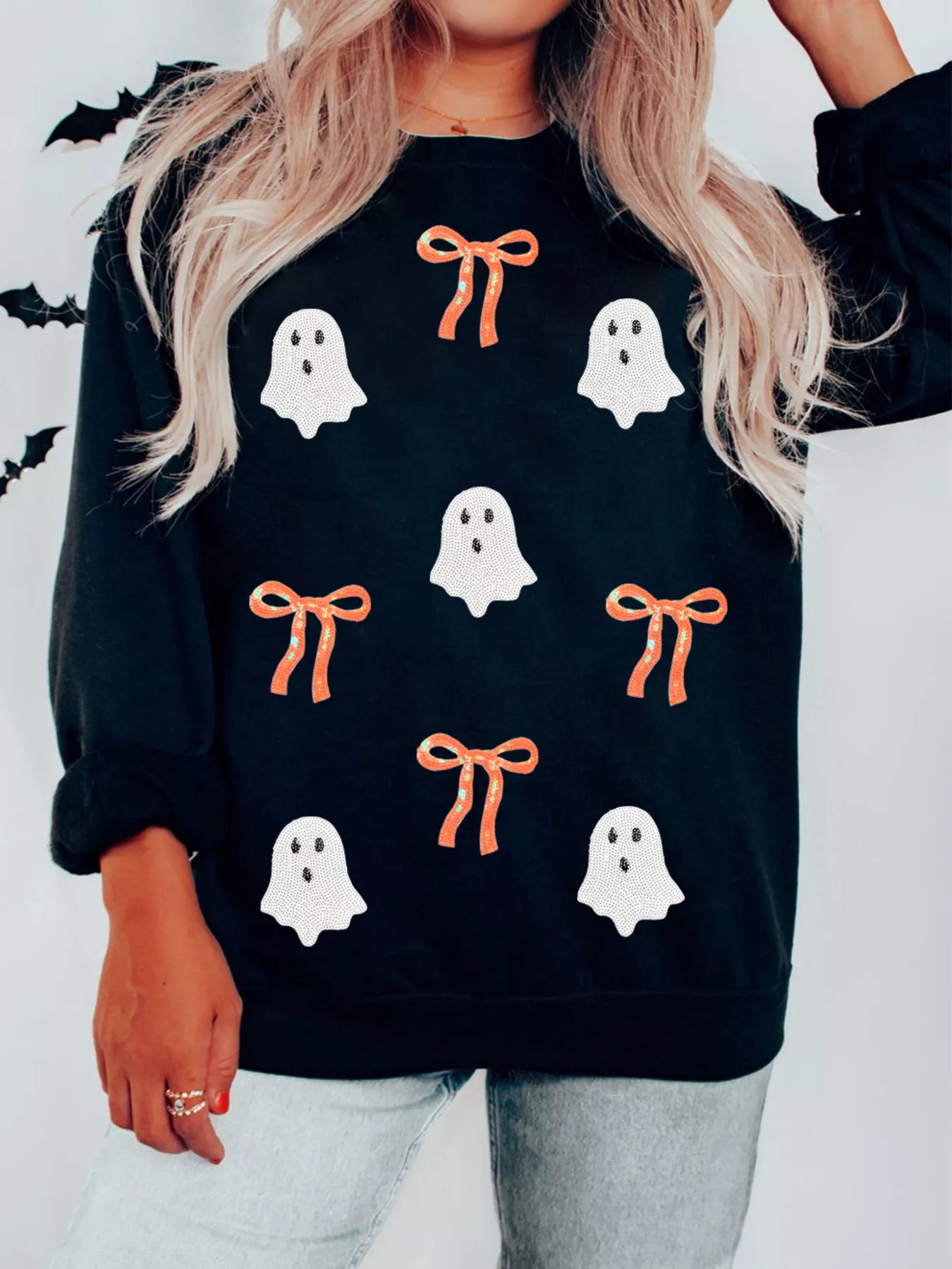 Halloween Ghost Bow Sequin Patched Sweatshirt – Festive Drop Shoulder