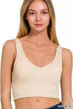 Sand beige seamless ribbed cropped padded tank top with V-neck