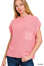 Pink Ribbed Sleeveless Pullover Mock Neck Chest Pocket, Relaxed Fit