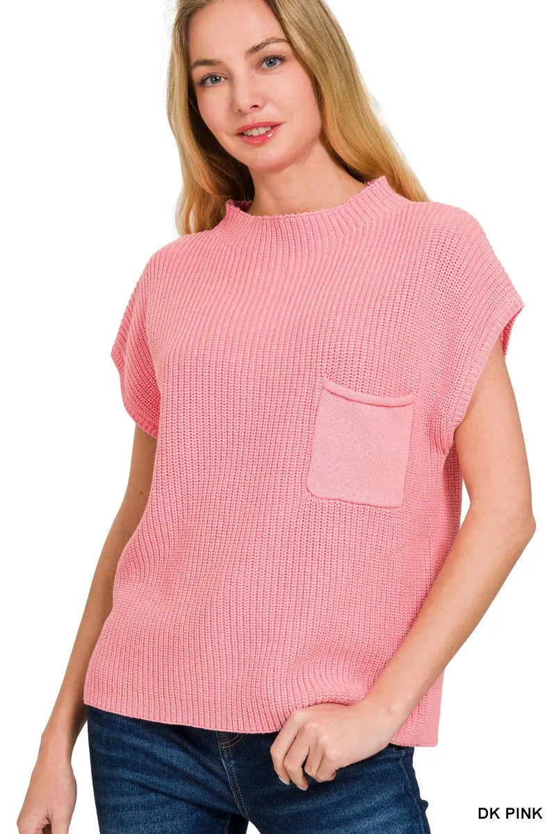 Pink Ribbed Sleeveless Pullover Mock Neck Chest Pocket, Relaxed Fit