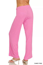 Pink loungewear pants set with wide-leg trousers and elastic waistband