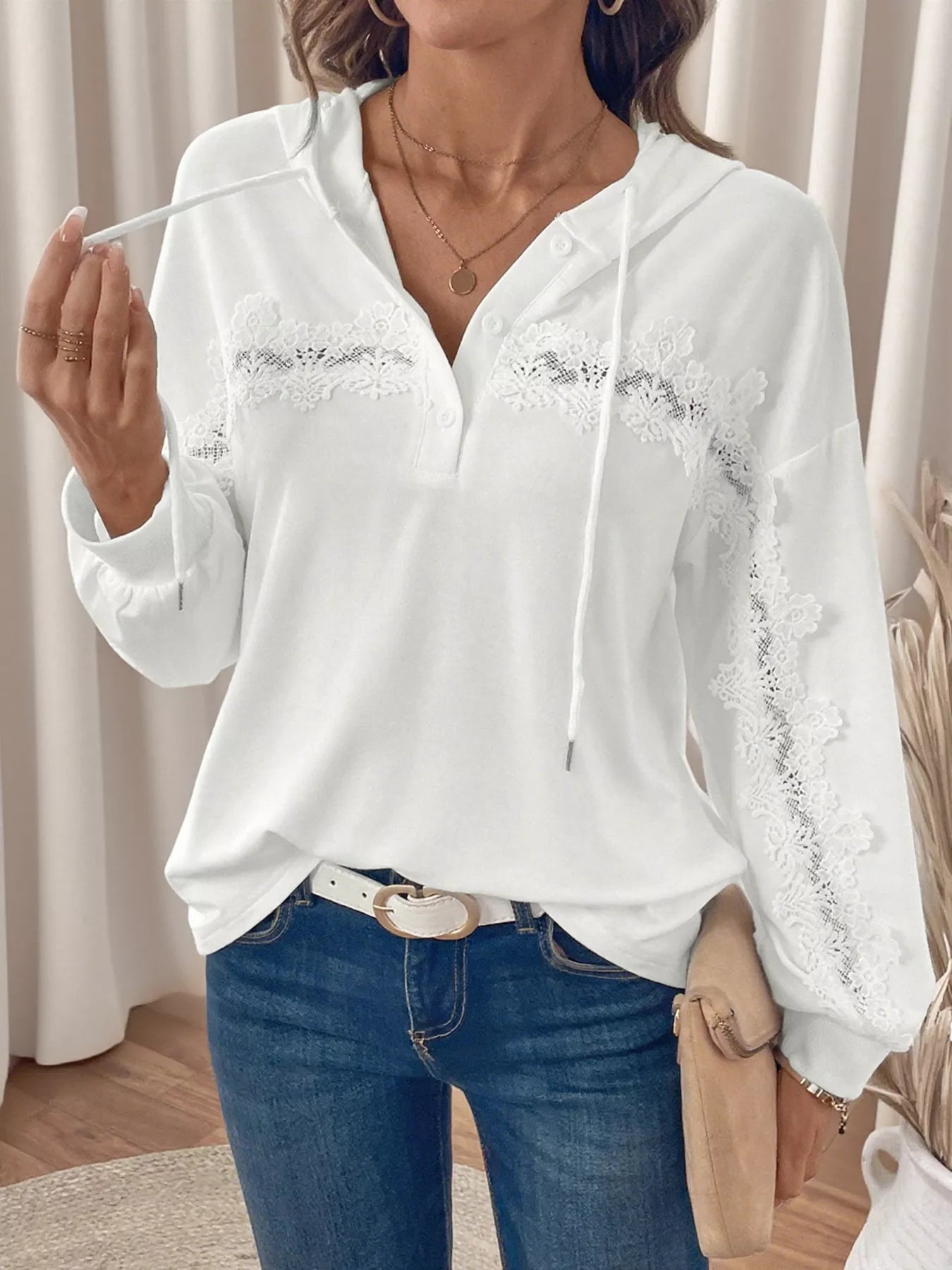 Lace Detail Long Sleeve Drawstring Hoodie