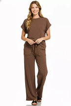 Brown short-sleeve slub top and drawstring wide-leg trousers with patch pockets