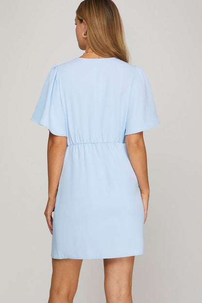 She + Sky Ruffled Surplice Short Flutter Sleeve Mini Dress