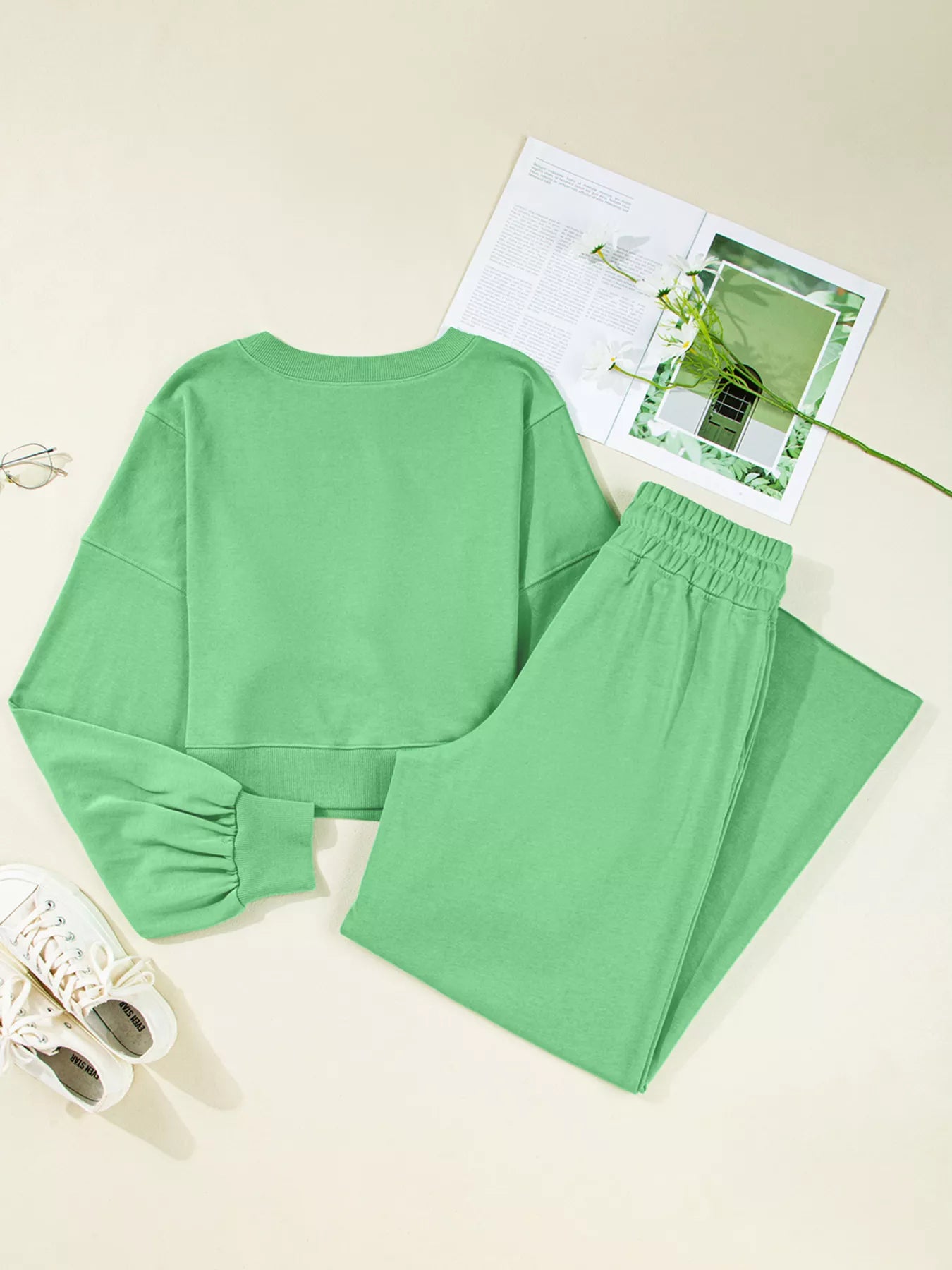 Puff Sleeve Crop Top & Drawstring Wide Leg Pants Set – Chic & Comfy