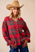 BiBi Christmas Plaid V-Neck Flounce Sleeve Jacket