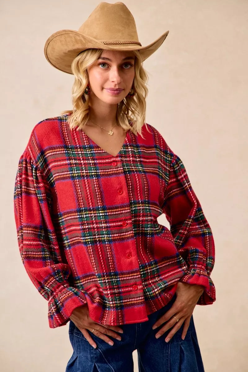 BiBi Christmas Plaid V-Neck Flounce Sleeve Jacket