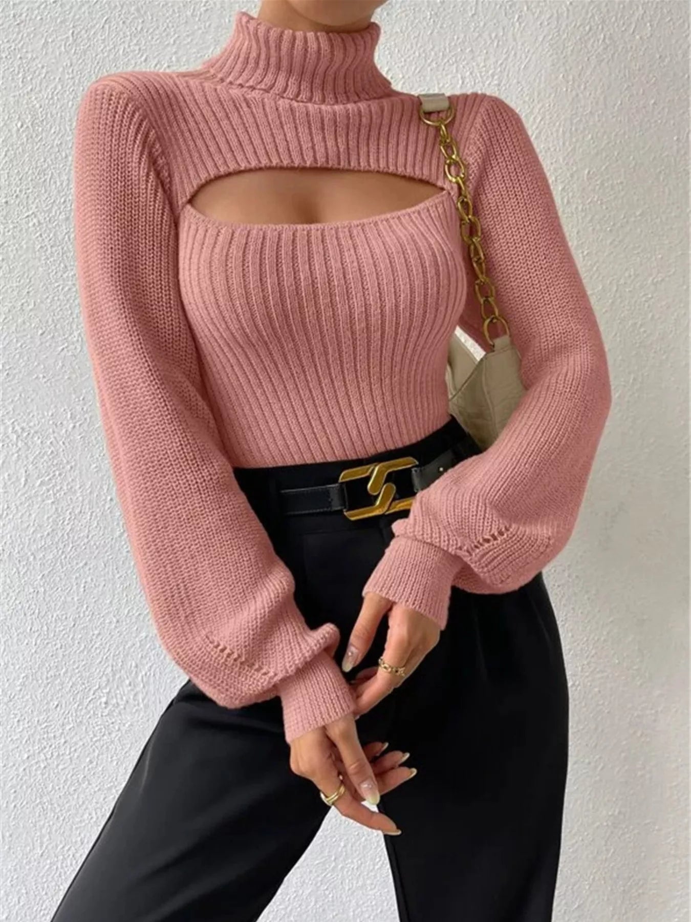 Cutout Front Turtleneck Long Sleeve Sweater – Chic Modern Knit
