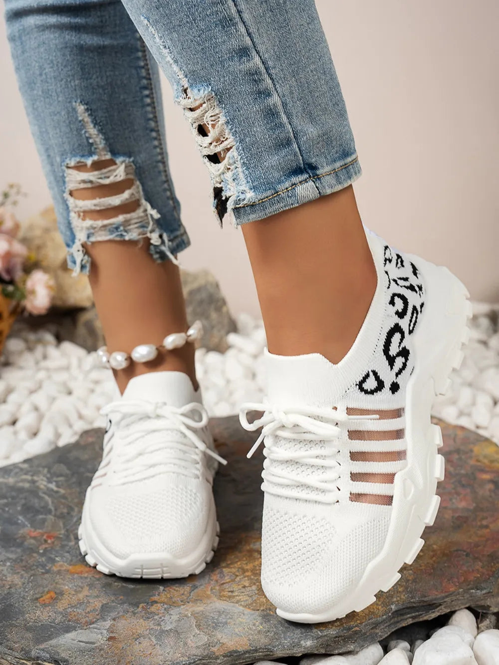 Cutout Leopard Lace-Up Mesh Athletic Sneakers – Sporty & Stylish