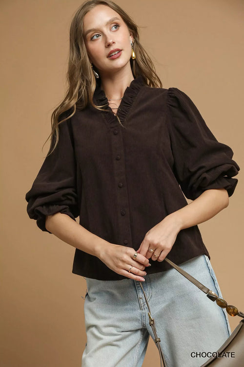 Corduroy Ruffle Shirt with Puff Sleeves – Chic Fall Fashion Top