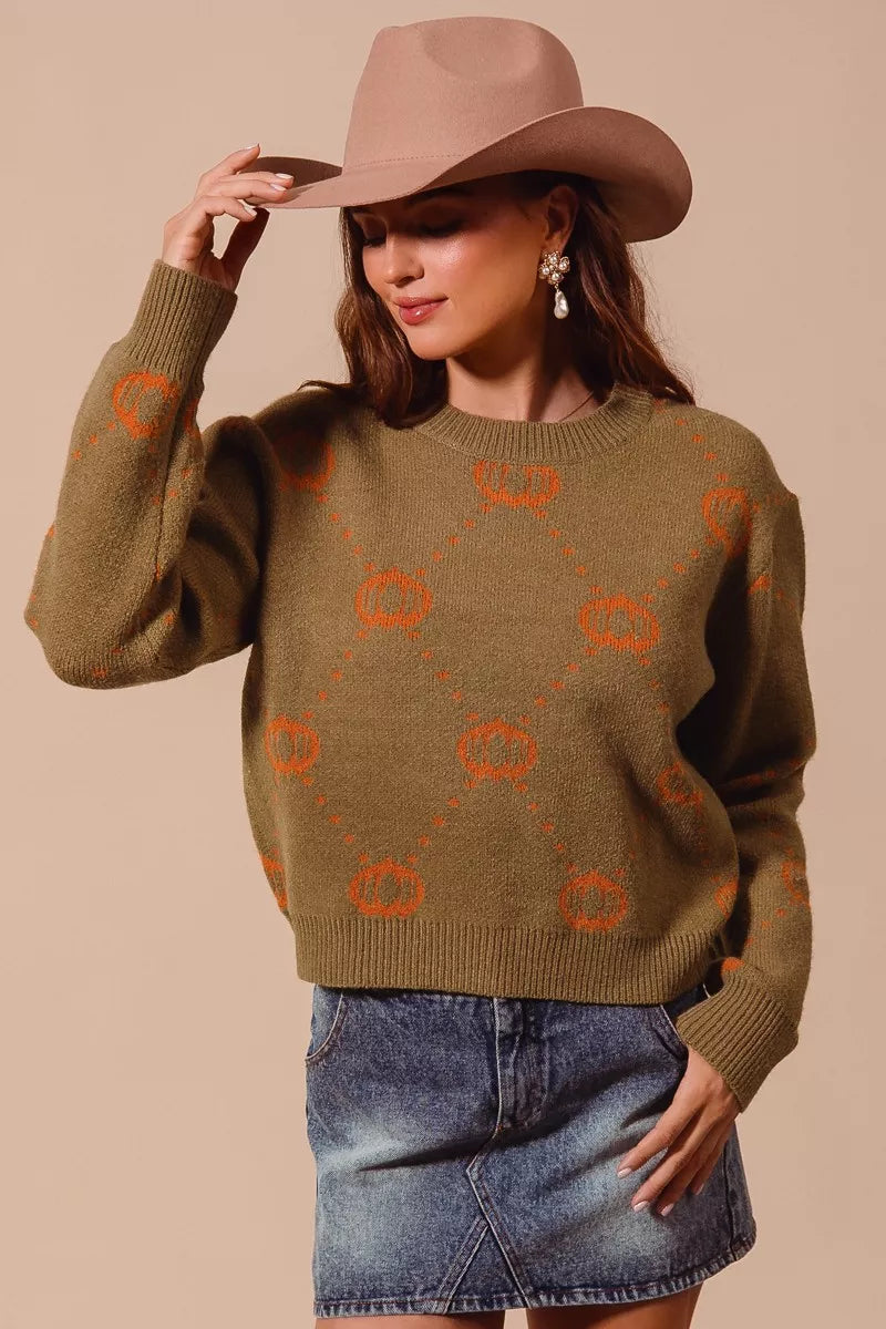 Pumpkin Rhombus Halloween Thanksgiving Sweater Top – Festive Cozy Knit