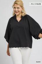 Umgee Textured Balloon Sleeve Blouse – Chic Notched Statement Top