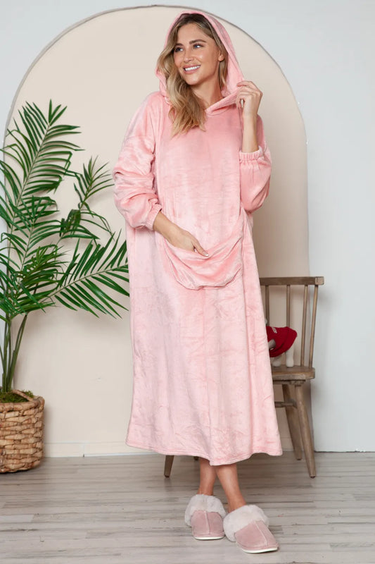 Pocketed Hooded Midi Lounge Dress – Cozy, Casual & Stylish