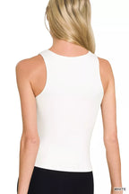 White double-layer rayon tank top with scoop back, sleeveless design.
