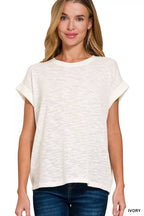 Ivory textured crew-neck tee with rolled short sleeves, relaxed fit