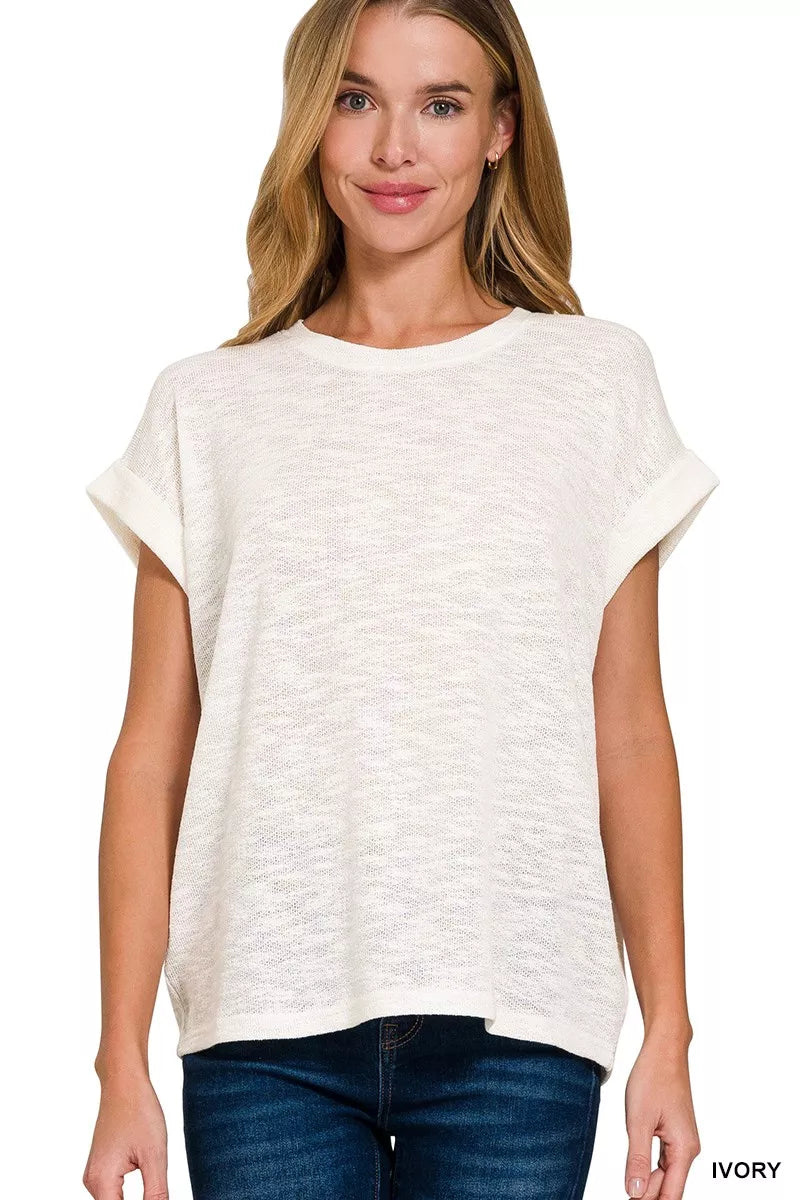 Ivory textured crew-neck tee with rolled short sleeves, relaxed fit