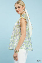 Floral flutter sleeve split-neck top, side view, light blue print