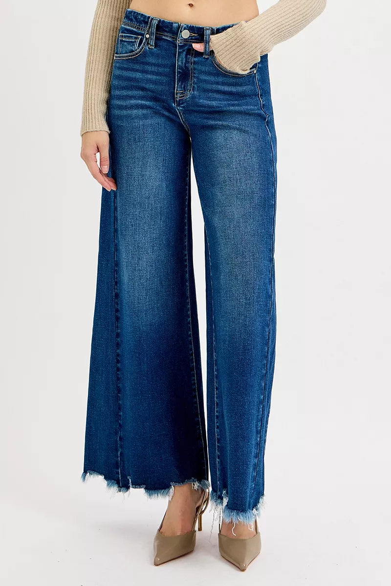 Women’s high-rise wide-leg jeans in blue wash denim, button fly and frayed hems