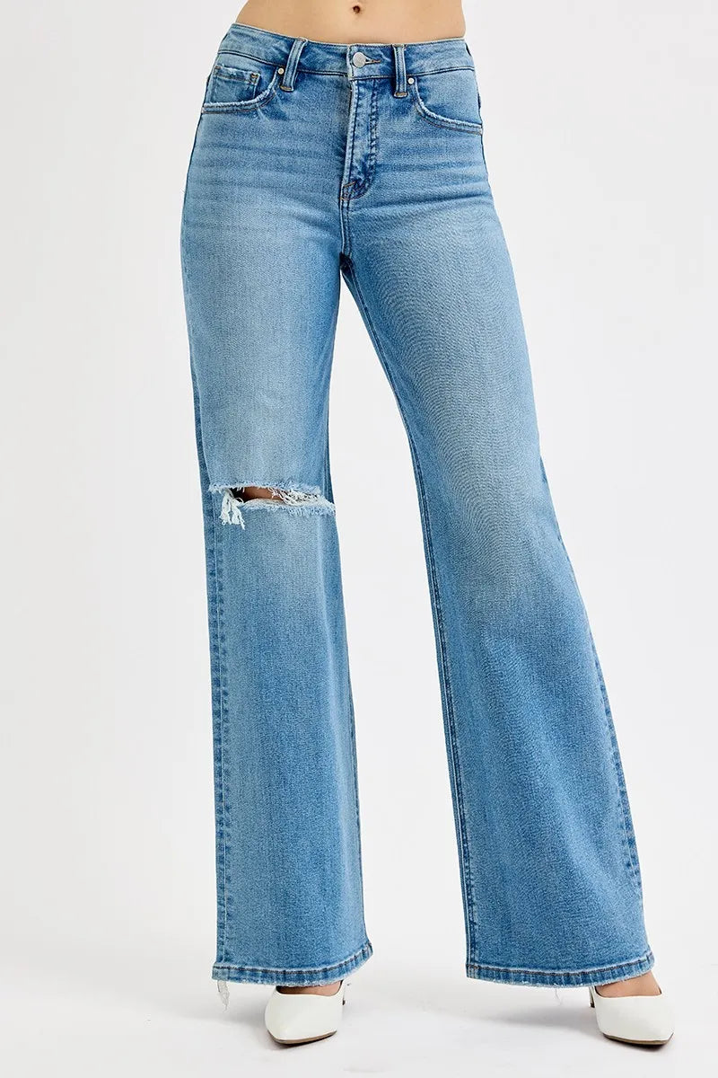 Dreamkue-Risen Women's Distressed Wide Leg Jeans High Waist Stretch Denim