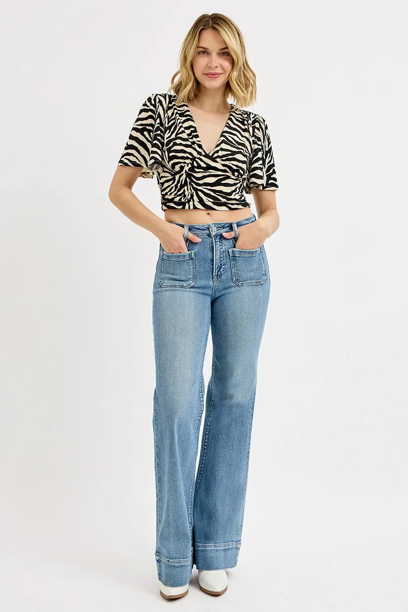 Vintage Flare Jeans – High Waist Patch Pocket Light Wash Denim