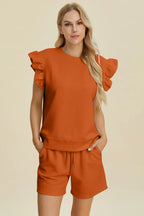 Textured Ruffle Sleeve Top & Shorts Set – Cute, Comfy & Stylish