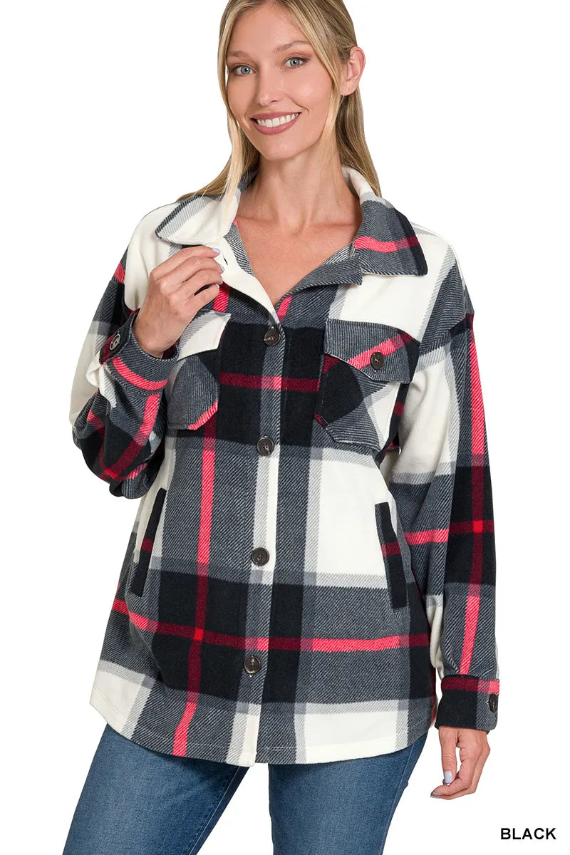 Oversized Plaid Flannel Shacket – Black, White & Red Casual Layer