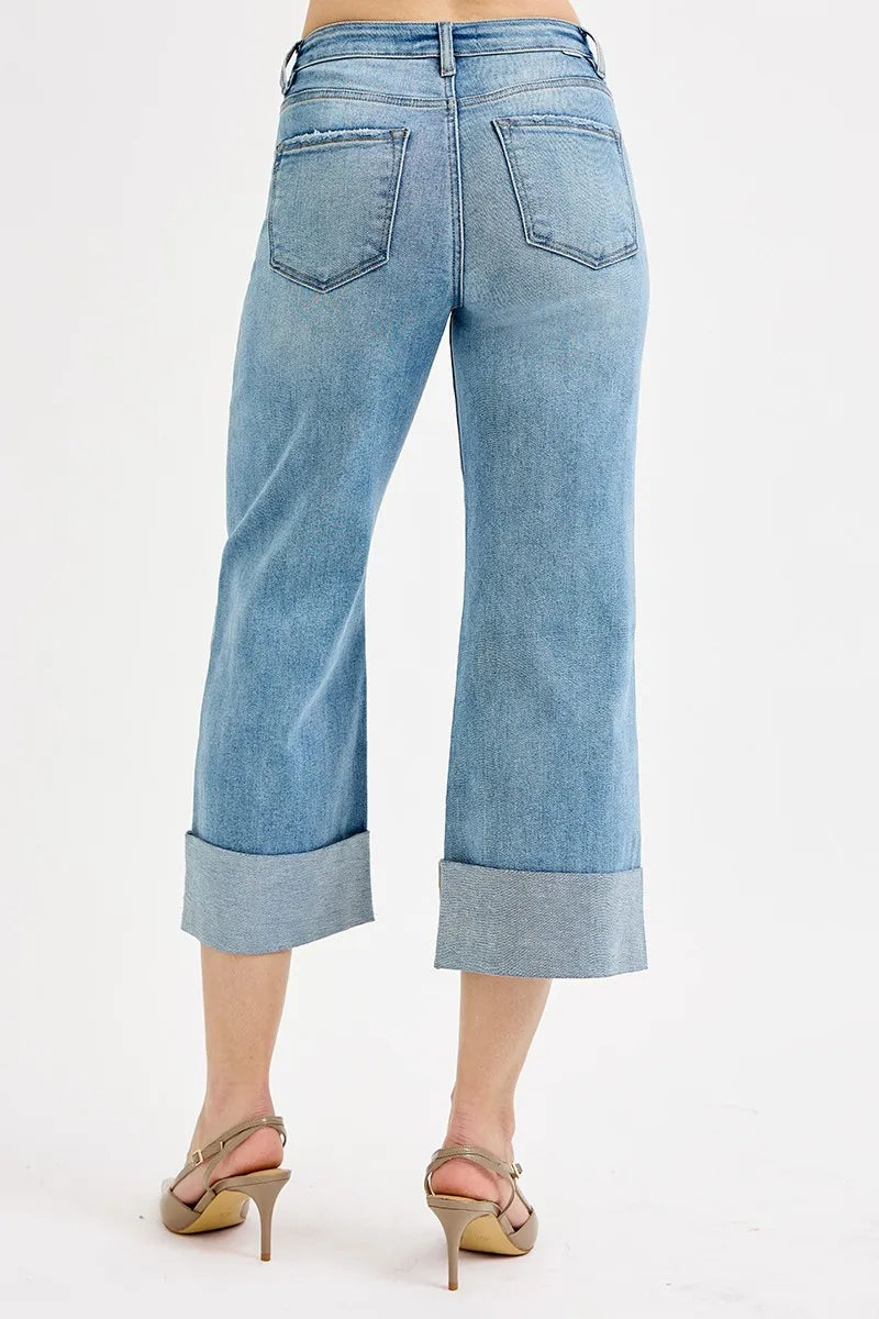 Dreamkue-Risen Women's High Rise Tummy Control Ankle Jeans with Wide Cuffed Hem