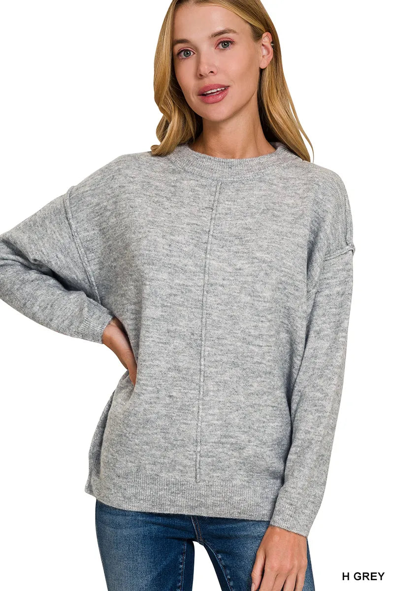Melange Front Seam Round-Neck Sweater Cozy Women’s Knit Pullover