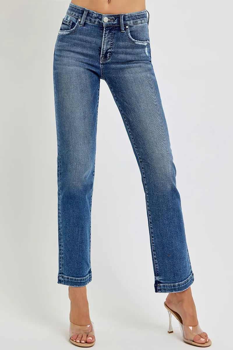 Dreamkue-Risen Women's Tummy Control Mid Rise Straight Jeans with Elastic Waistband