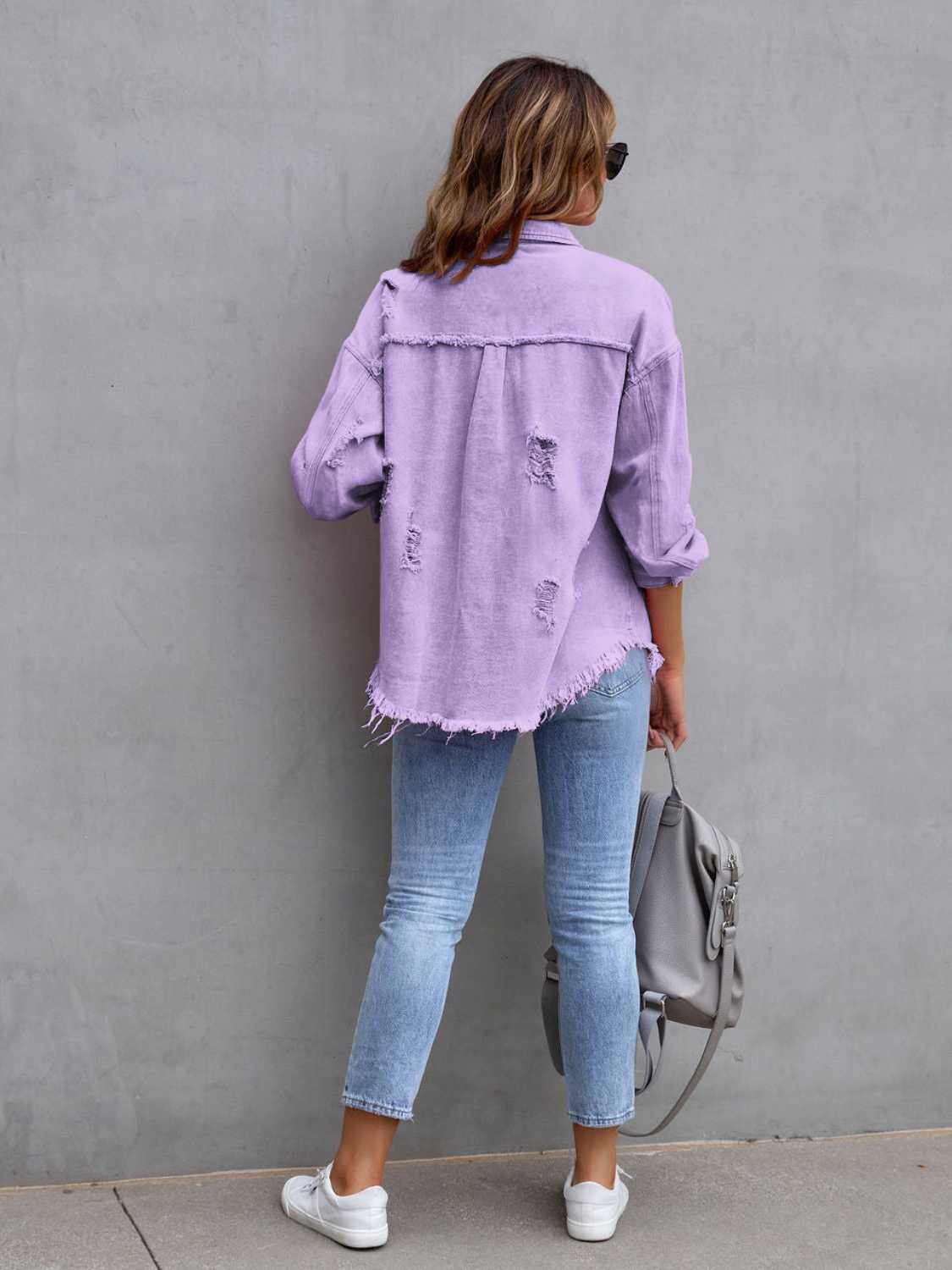 Distressed Drop Shoulder Denim Jacket – Casual Oversized Style