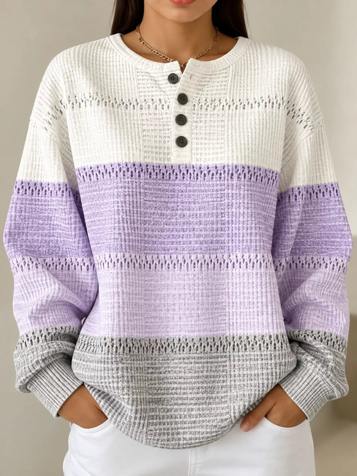 Lavender and white color-block sweatshirt with henley button placket, long sleeves