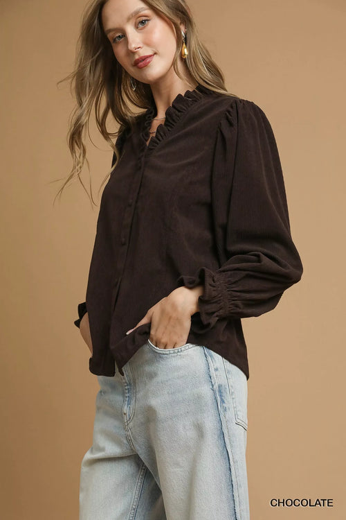 Corduroy Ruffle Shirt with Puff Sleeves – Chic Fall Fashion Top