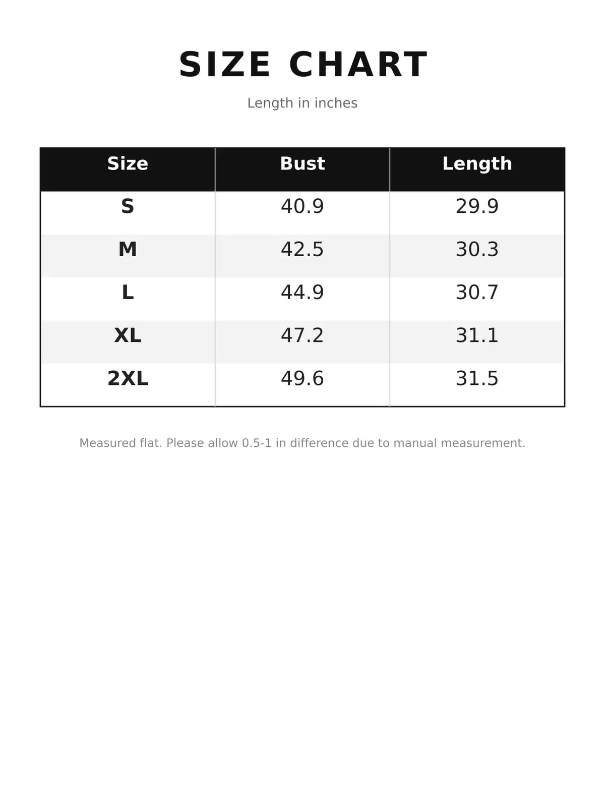 Size chart for hooded drawstring waist jacket: bust and length in inches (S-2XL)